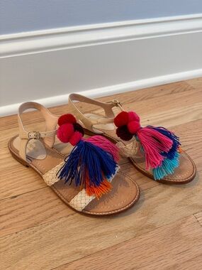 Kate Spade York Sunset Braided Strappy Flat Sandal w/ Tassels and Pom Poms